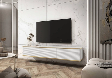 TV-Lowboard Luxury 175 cm Weiß Stilvolle geriffelte Front Korpus verziert mit einer goldenen Leiste begeistert Liebhaber eleganter Arrangements