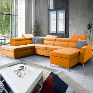 Ecksofa mit Schlaffunktion Rava VI gelb rechts praktisches und modernes Ecksofa mit einer Multifunktionslampe ausgestattet