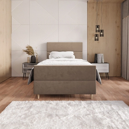 Boxspringbett Benet 90x200 hellbraun im modernen skandinavischen Stil mit gepolstertem Kopf- und Fußteil Bett mit Staukasten