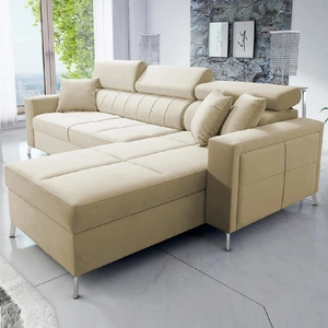 Ecksofa mit Schlaffunktion Nausa beige rechtsseitig Samt stilvoll bequemes Ecksofa verstellbare Kopfstützen Bettzeugcontainer