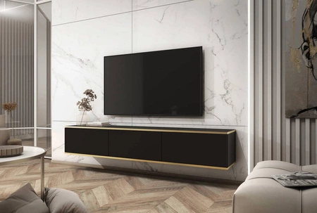 TV-Lowboard Luxury 175 cm Schwarz Begeistert Liebhaber eleganter Arrangements im modernen Stil Korpus verziert mit einer goldenen Leiste