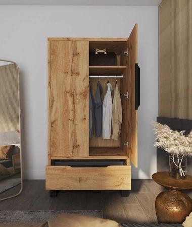 Kleiderschrank Halle 99 cm Eiche wotan stilvolles Design klassische Form Kleiderschrank für Schlafzimmer oder Ankleidezimmer geräumige Schubladen Kantengriffe