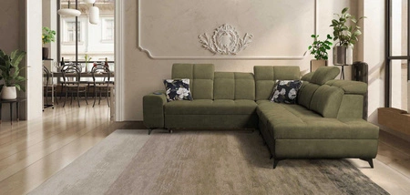 Ecksofa mit Schlaffunktion Buffalo IX olivgrün rechts stilvolles Ecksofa für Zimmer aus Velourstoff Zierkissen