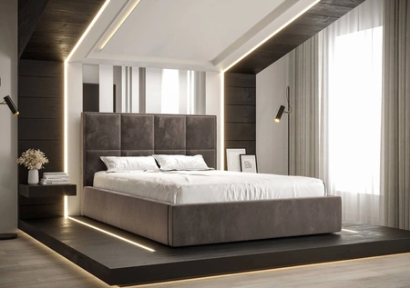 Polsterbett Aresa 180x200 mit Aufbewahrung Hellbraun Modernes skandinavisches Stilbett mit bequemem Kopfteil