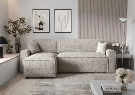 Ecksofa mit Schlaffunktion Brandon Bis cremefarben linke Seite weicher Stoff mit charakteristischer Schlingenoberfläche Bettzeugbehälter