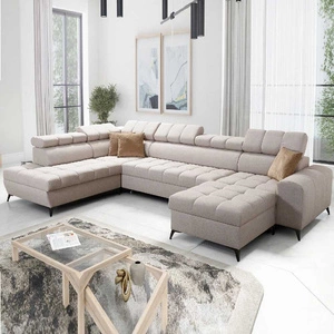 Ecksofa mit Schlaffunktion Bolmso VI beige rechtsseitiges bequemes Ecksofa mit verstellbaren Kopfstützen Ziersteppung auf der Sitzfläche
