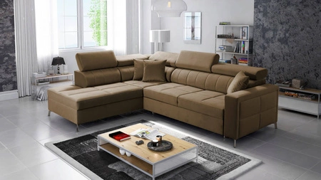 Ecksofa mit Schlaffunktion Nausa III hellbraun linksseitig Samt stilvolles bequemes Ecksofa verstellbare Kopfstützen Container für Bettzeug