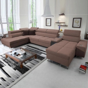 Ecksofa mit Schlaffunktion Dafni V hellbraun rechts geflochten bequemes Ecksofa mit verstellbaren Kopfstützen