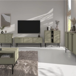 Set von Wohnzimmermöbel Kioto III Eukalyptus stilvolles Design elegante Möbel auf einem Metallrahmen schwarz subtilen Griffen unterstützt