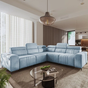 Ecksofa mit Schlaffunktion Castel III blau links Ecksofa mit zwei Bettkästen verstellbare Kopfstützen