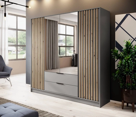 Schrank mit Spiegel Aspen 206 cm Grau / Eiche Artisan Lamellen modernes Design Schranktüren mit dekorativen Lamellen