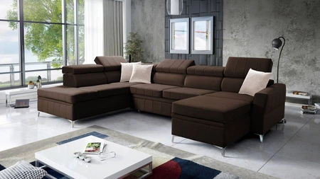 Ecksofa mit Schlaffunktion Rava VI braun rechte Ecke Praktisches und modernes Ecksofa, ausgestattet mit einer Multifunktionslampe