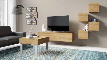 Couchtisch Apulia 63 cm goldene Eiche mit Schublade einzigartiges Design einfache Konstruktion auslaufsichere Platte