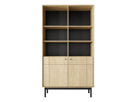 Modesta Eiche linea Möbel Set minimalistisches Design akzentuiert durch trendige Farben hohe Holzbeine Metallgriffe