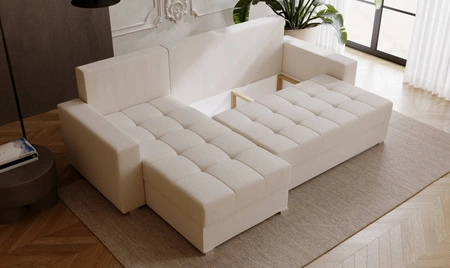 Ecksofa mit Schlaffunktion Pablos hellbeige Universal-Ecksofa mit einem Bettzeug-Container und dekorativer Steppung auf der Sitzfläche