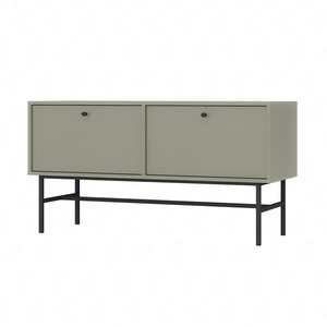 RTV-Schrank Kioto III 121 cm Eukalyptus eleganter Schrank mit nach unten öffnenden Türen gedeckte Farben schwarzer Metallrahmen