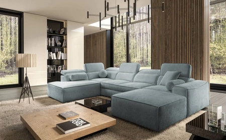 Ecksofa mit Schlaffunktion Viano VI grau blau rechts Design Ecksofa für moderne Einrichtungen zwei Container für Bettzeug