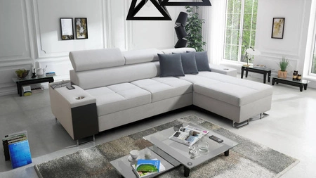Ecksofa mit Schlaffunktion Dafni Grau-Popiel rechtsseitig aus Samt bietet Komfort und Funktionalität während der täglichen Erholung