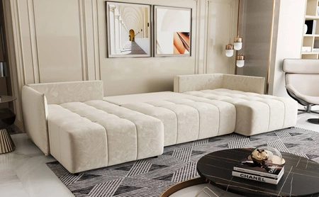 Ecksofa mit Schlaffunktion Oroso U beige Bettzeugcontainer weicher Samtstoff mit hydrophober Beschichtung dekorative Steppung