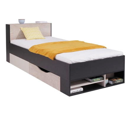 Bett mit Schublade Niko 90x200 cm schwarz / Eiche / beige modernes Bettdesign Ausziehbare Ablagen im Kopfteil