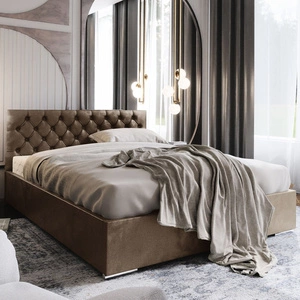 Polsterbett Alvorada 140x200 hellbraun Bett mit Staukasten im modernen skandinavischen Stil mit gestepptem Kopfteil