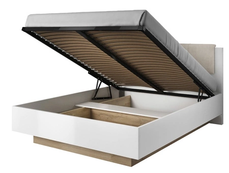 Bett mit Box Adria 160x200 cm weiß glänzend / Eiche grandson modernes Design Möbel Kante mit speziellen ABS-Furnier getrimmt