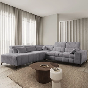 Ecksofa mit Schlaffunktion Penejos IX hellgrau linke Seite stilvolles Ecksofa mit Bettzeugcontainern komfortable verstellbare Kopfstützen