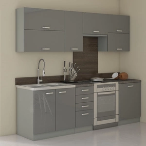 Graues Küchenmöbelset 240 cm Glanzfronten einzigartiger Stil der Schränke passt zum Interieur jeder Küche