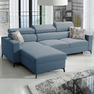 Ecksofa mit Schlaffunktion Savona blau links Bequemes und elegantes Ecksofa mit verstellbaren Kopfstützen Ziernaht