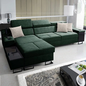 Ecksofa mit Schlaffunktion Alcamo grün links elegantes und stilvolles Ecksofa mit einer ausziehbaren praktischen Schublade an der Seite des Möbels