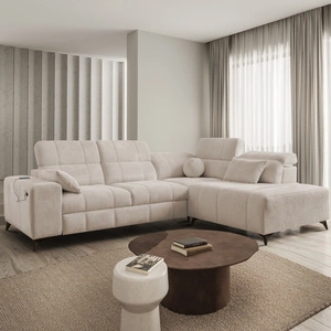Ecksofa mit Schlaffunktion Penejos VII beige rechte Seite stilvolles Ecksofa mit Bettzeugablage komfortable verstellbare Kopfstützen