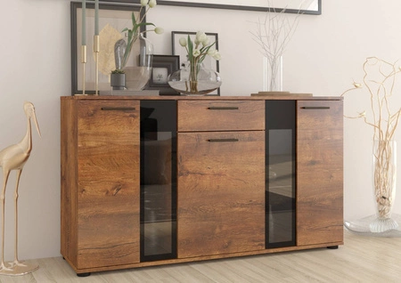 Kommode Senja 140 cm Eiche lefkas modernes Möbeldesign Kommodenkante mit speziellem ABS-Furnier bearbeitet