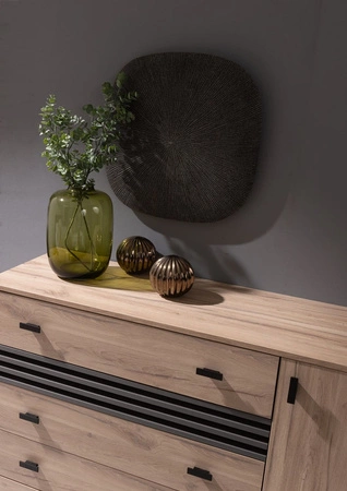 Möbelset für Schlafzimmer Estan Eiche hell / anthrazit Zeitloses Design Schlafzimmermöbel-Set geräumiger Schiebeschrank mit Spiegel