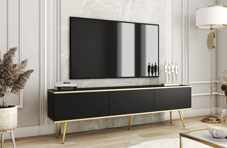 TV-Schrank Luxury 175 cm schwarzer eleganter Designkorpus mit goldener Zierleiste Schrank auf goldenen Metallbeinen