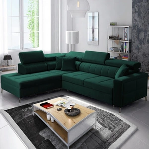 Ecksofa mit Schlaffunktion Nausa III Flasche grün links Samt bequemes Ecksofa verstellbare Kopfstützen Container für Bettzeug