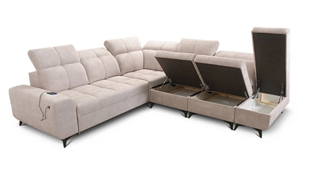 Ecksofa mit Schlaffunktion Buffalo IX dunkelbeige rechte Seite stilvolles Ecksofa für Zimmer aus Velourstoff Zierkissen