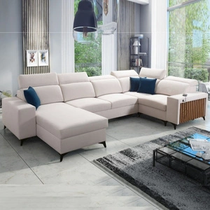 Ecksofa mit Schlaffunktion Kelly IV elfenbeinfarbener linksseitiger Samt komfortables Ecksofa verstellbare Kopfstützen seitlich mit Lamellen eingefasst