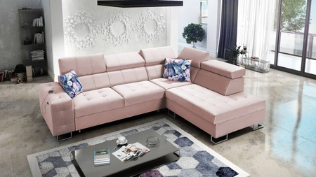 Ecksofa mit Schlaffunktion Hampton VII quarzrosa rechtes Ecksofa für Ihr Zimmer aus Samtstoff mit glatter Oberfläche