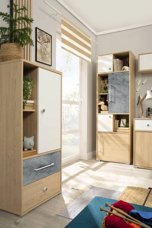 Bücherregal Cary 60 cm Biskuit Eiche / weiß / Beton ideal für das Jugendzimmer sehr nützlich hat einen modernen Look Bücherregal mit Schubladen