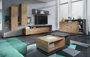 Wohnzimmermöbel-Set Bota anthrazit / Eiche ribbec asymmetrische Elemente schaffen eine einzigartige Kombination aus Funktionalität und Modernität