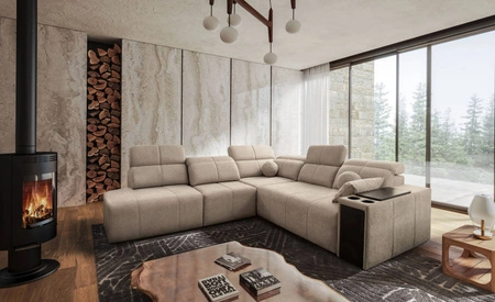 Ecksofa mit Schlaffunktion Tesalia IX beige links modernes Design komfortable Schiebelehne Schublade in der Seite des Möbels