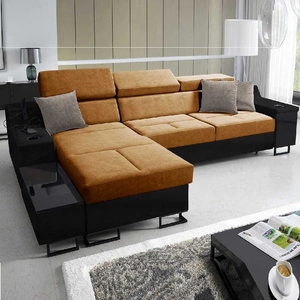 Ecksofa mit Schlaffunktion Alcamo honig/schwarz links elegantes und stilvolles Ecksofa mit einer ausziehbaren praktischen Schublade an der Seite des Möbels