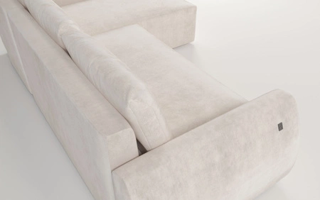 Ecksofa mit Schlaffunktion Colio beige rechte Seite stilvolles Ecksofa mit interessanter Form Velourstoff Zierkissen Ball