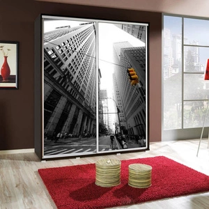 Artistino 155 cm Schiebeschrank mit City-Grafik wengefarbener Schrankkorpus aus 22 mm starker Platte