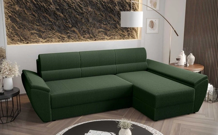 Ecksofa mit Schlaffunktion Fogu III grün rechtsseitig stilvolles Ecksofa mit Armlehnen und Bettzeugablage Kordelstoff