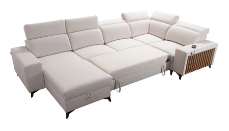Ecksofa mit Schlaffunktion Kelly IV arctic blue links geflochtenes bequemes Ecksofa verstellbare Kopfstützen seitlich mit Latten verkleidet
