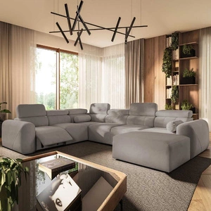 Ecksofa mit Schlaffunktion Cantare VIII Lux Esche grau rechts Designer Ecksofa mit elektrischer Fußstütze