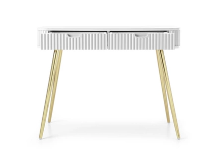 Zoya weiß Konsole mit Schubladen stilvolle und funktionale Schminktisch geschwungene massive Form geriffelte Schubladenfronten goldene Beine