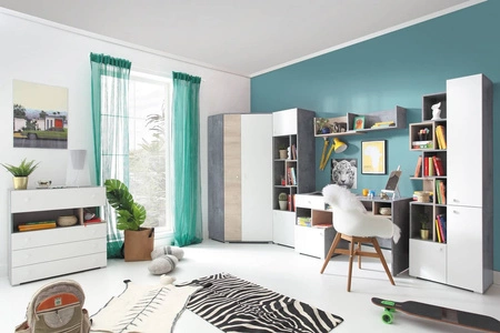 Epsilon Möbelset Beton / Weiß / Eiche ideal für ein Jugend- oder Kinderzimmer im trendigen Stil