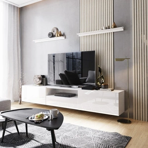 Ekali 258 cm weiß / weiß glänzend Wandschrank RTV mit Einlegeböden elegantes und stilvolles Design, das zu jeder Einrichtung passt